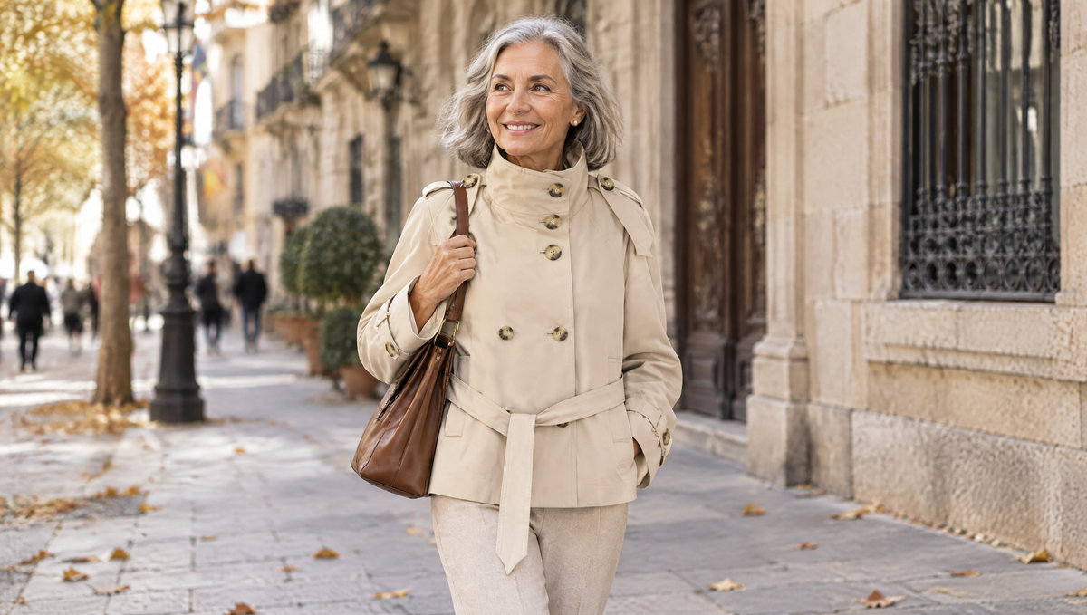 Mujer con gabardina cruzada paseando por la ciudad