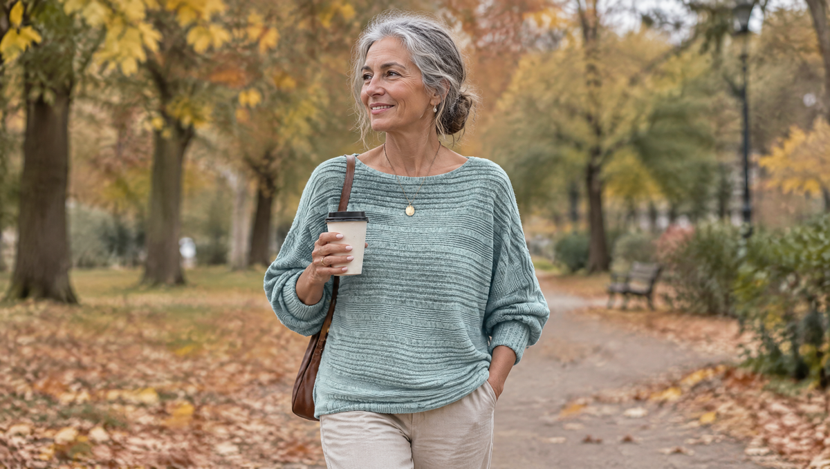 Mujer paseando por un parque en otoño con jersey de punto