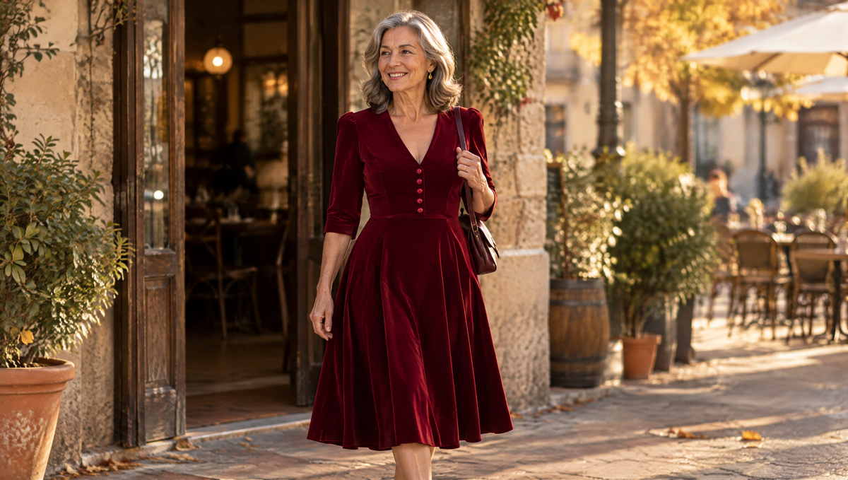 Mujer con vestido de terciopelo burdeos saliendo de un café en otoño