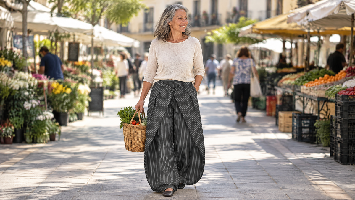 Mujer con pantalón ancho de raya diplomática en un mercado