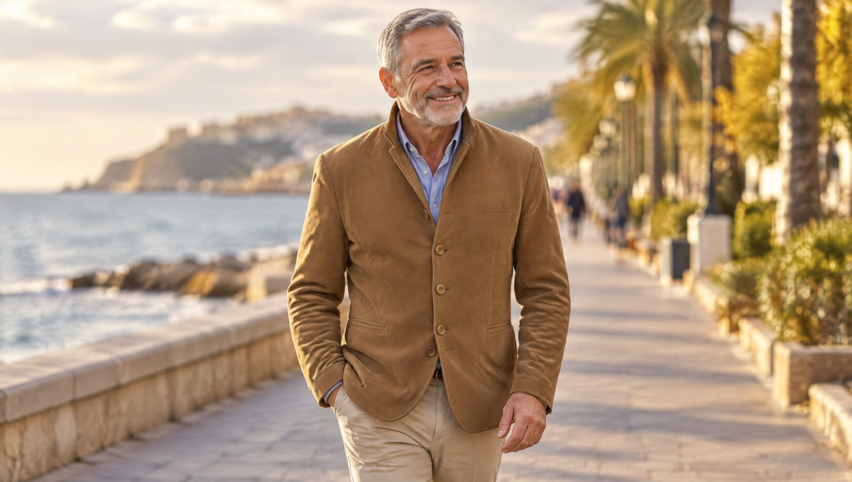Hombre con chaqueta de ante paseando junto al mar