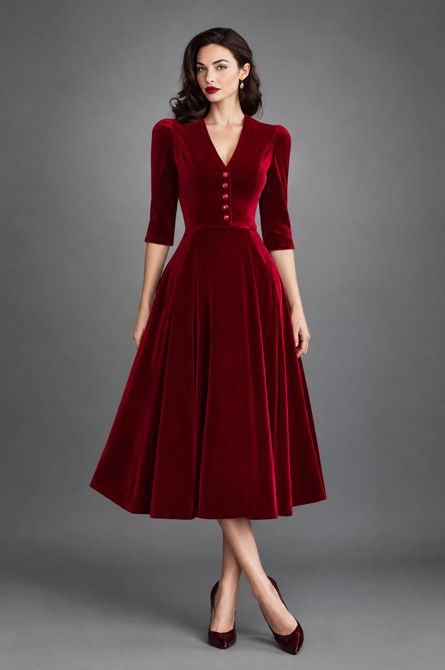 Olivia | Vestido midi de terciopelo con escote en pico