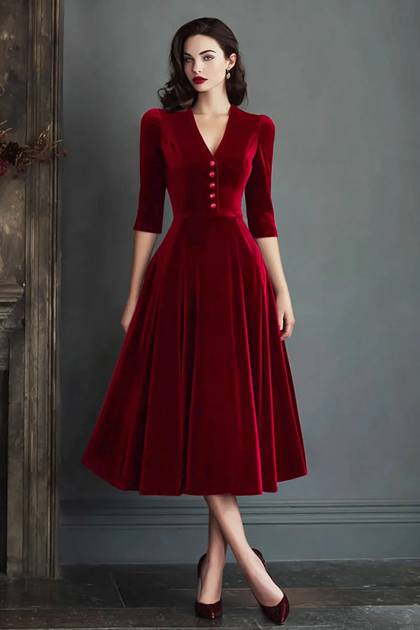 Olivia | Vestido midi de terciopelo con escote en pico