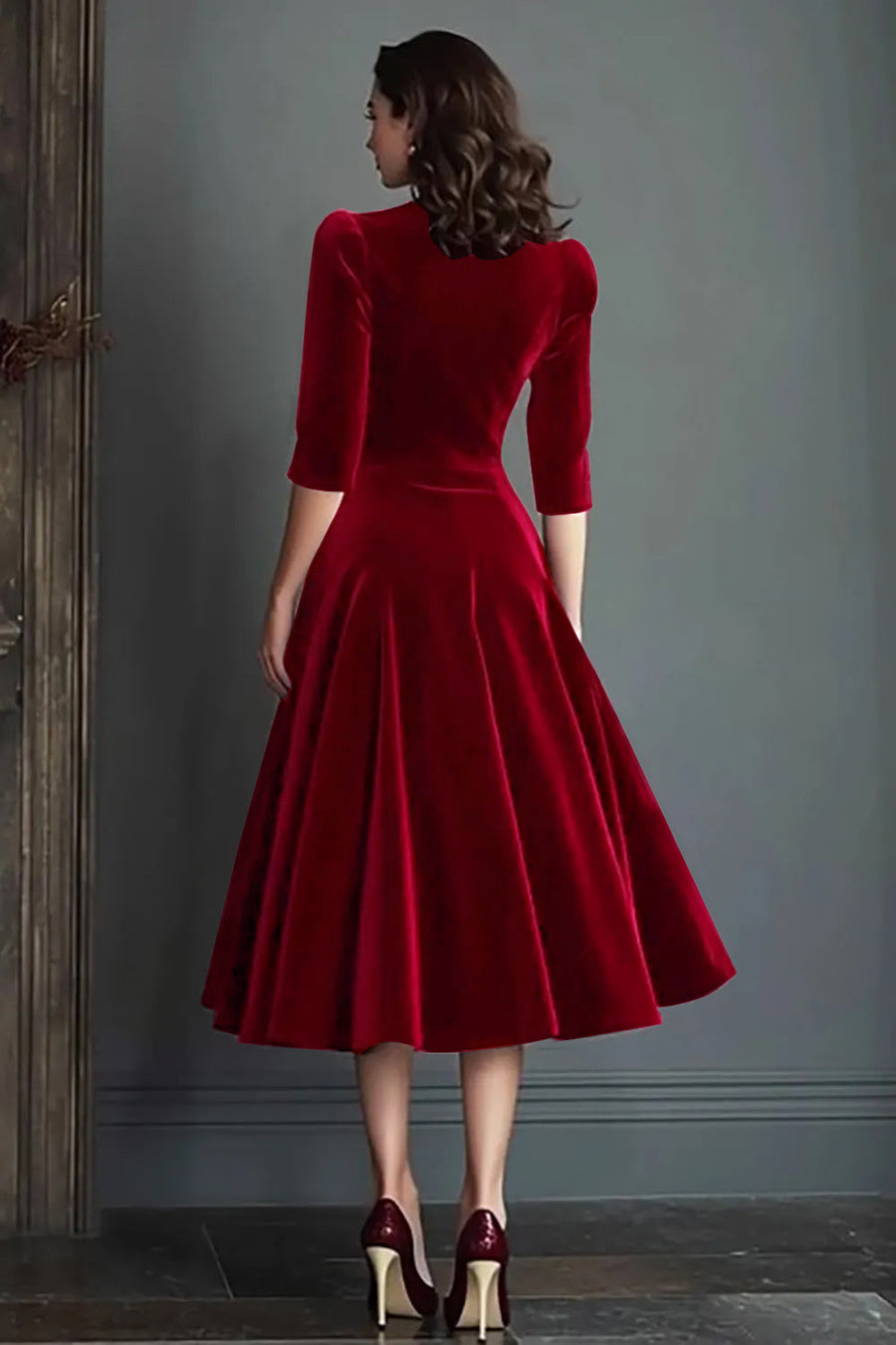 Vestido midi de terciopelo con escote en pico – Olivia, foto 2