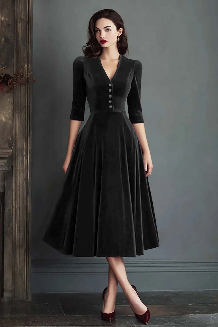 Olivia | Vestido midi de terciopelo con escote en pico