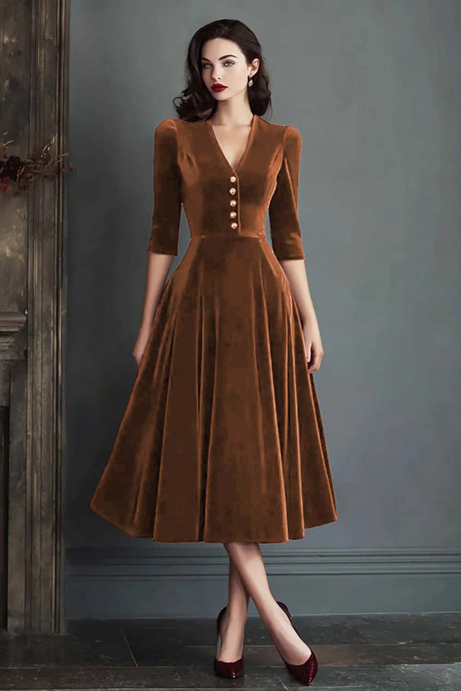 Olivia | Vestido midi de terciopelo con escote en pico