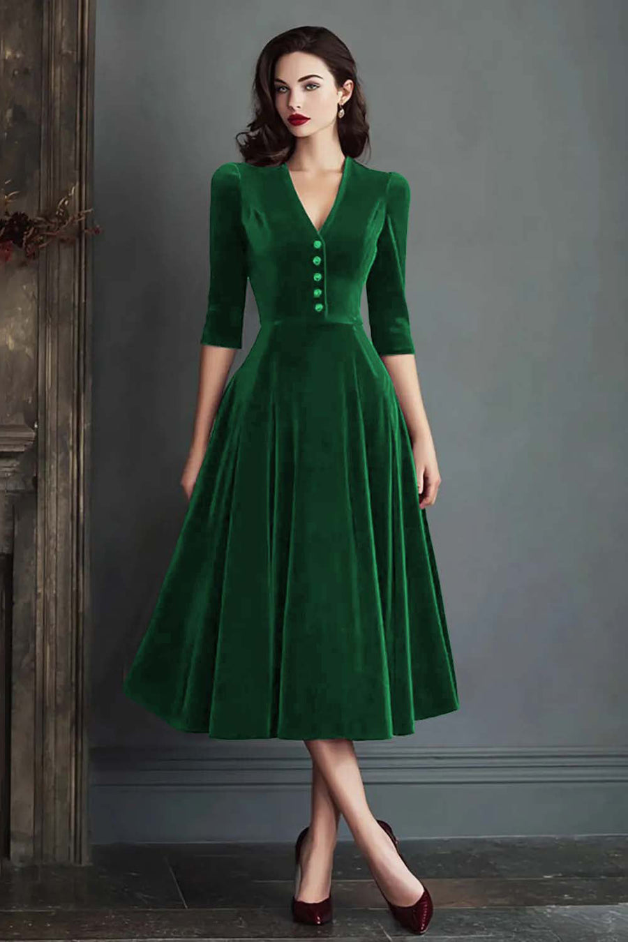 Olivia | Vestido midi de terciopelo con escote en pico