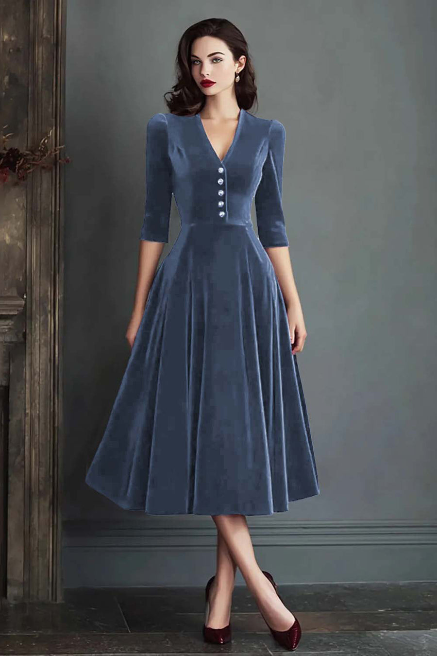 Olivia | Vestido midi de terciopelo con escote en pico