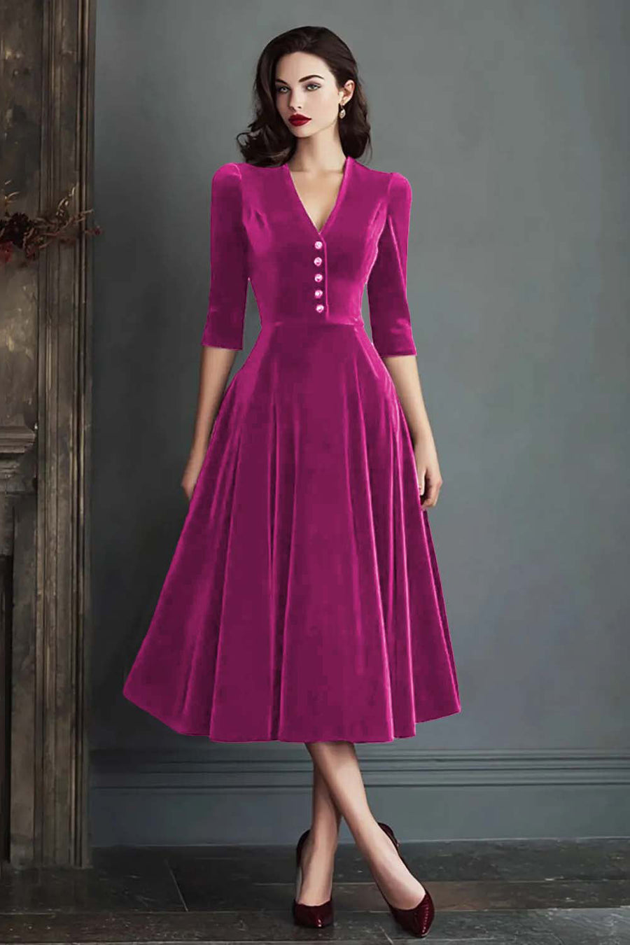 Olivia | Vestido midi de terciopelo con escote en pico