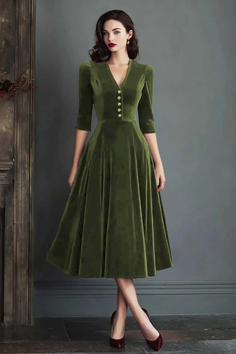 Olivia | Vestido midi de terciopelo con escote en pico