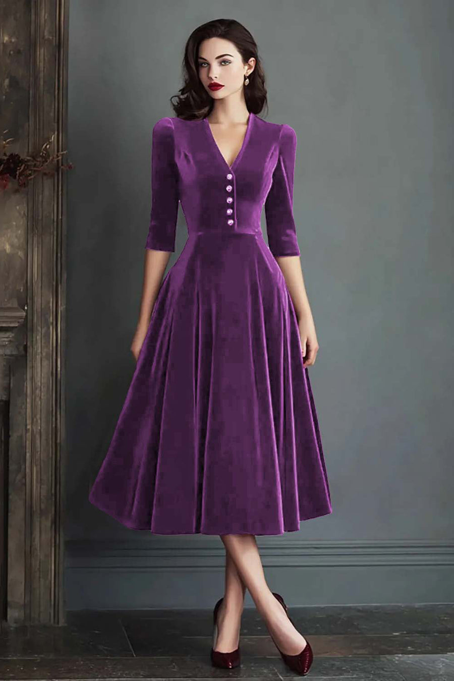 Olivia | Vestido midi de terciopelo con escote en pico