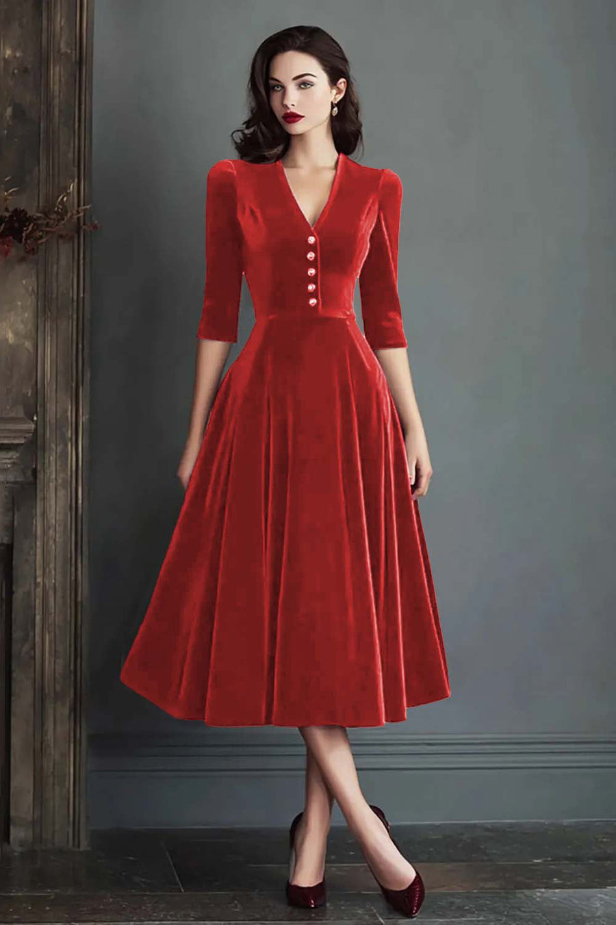 Olivia | Vestido midi de terciopelo con escote en pico