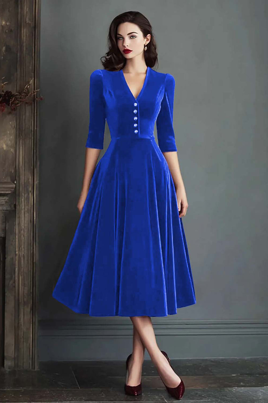 Olivia | Vestido midi de terciopelo con escote en pico