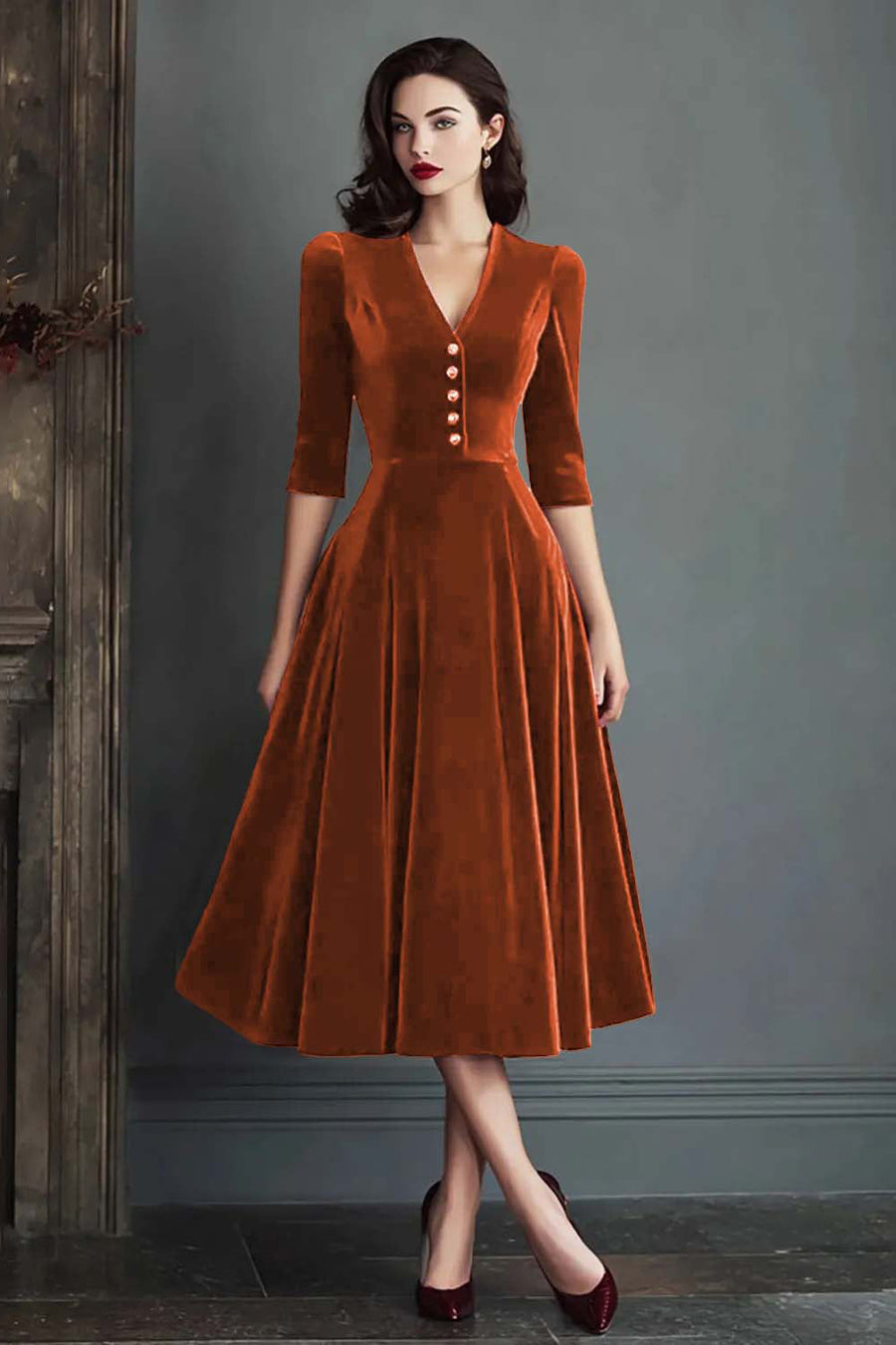 Olivia | Vestido midi de terciopelo con escote en pico