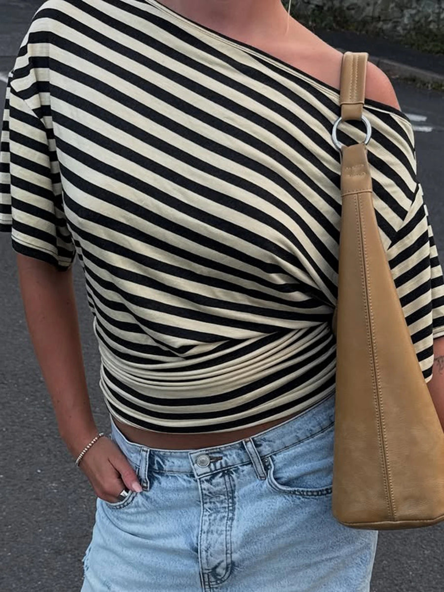 Camiseta de rayas de hombro asimétrico – Laura
