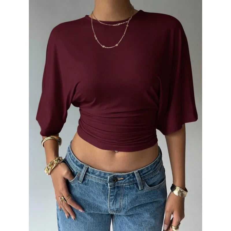 Crop top fruncido de manga murciélago – Ana