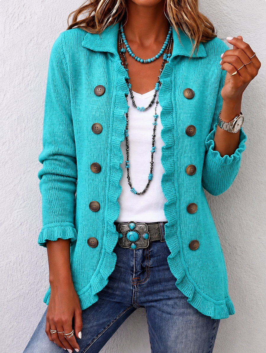 Chaqueta de canalé turquesa con volantes – Silvana