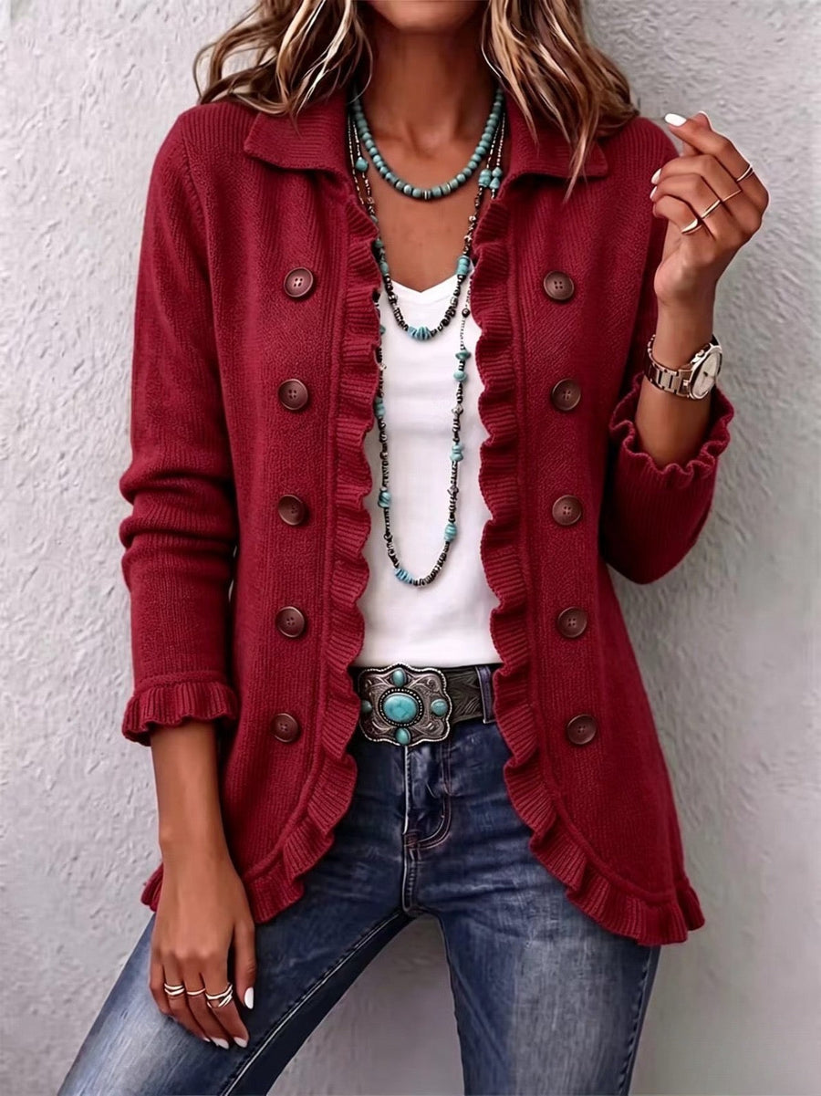 Chaqueta de canalé rojo rubí con volantes – Marta