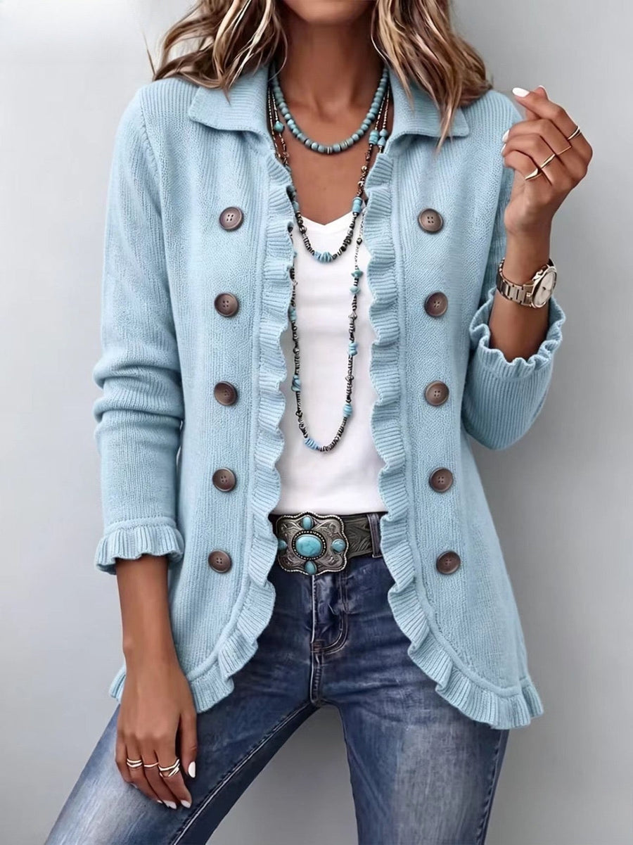 Chaqueta de canalé azul empolvado con volantes – Perla