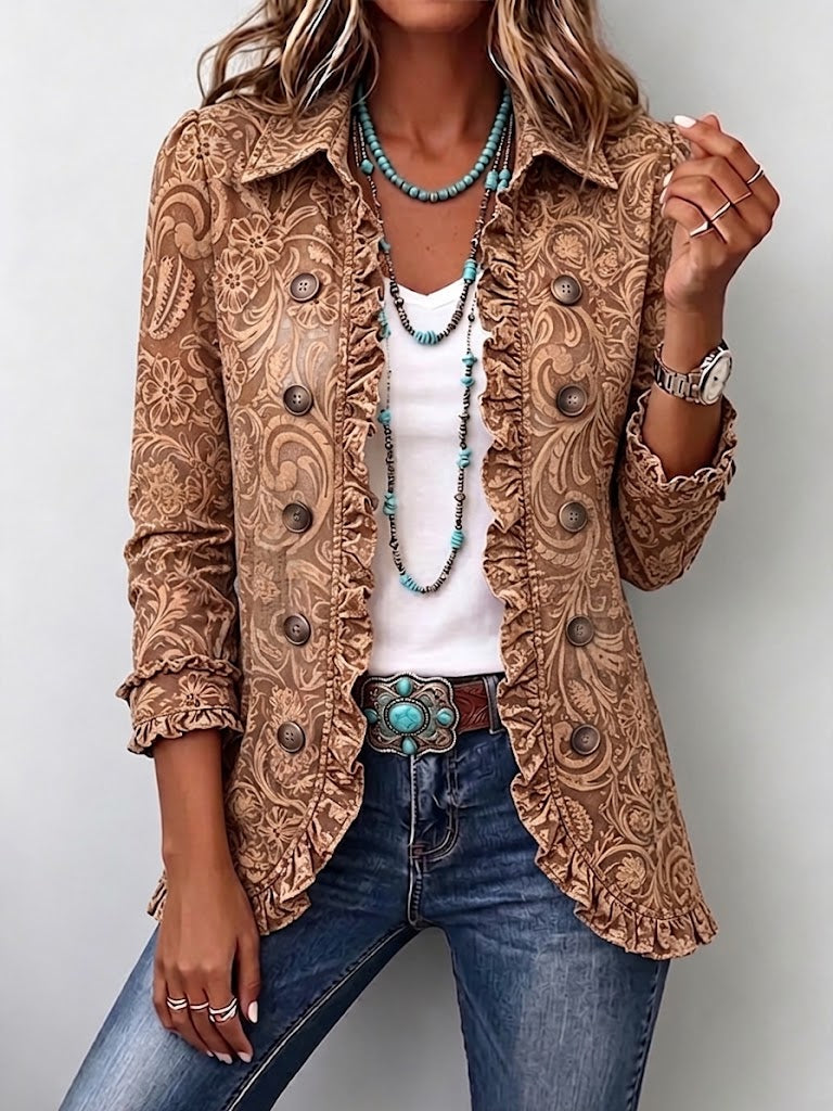 Chaqueta floral vintage marrón con volantes – Noemi, foto 2