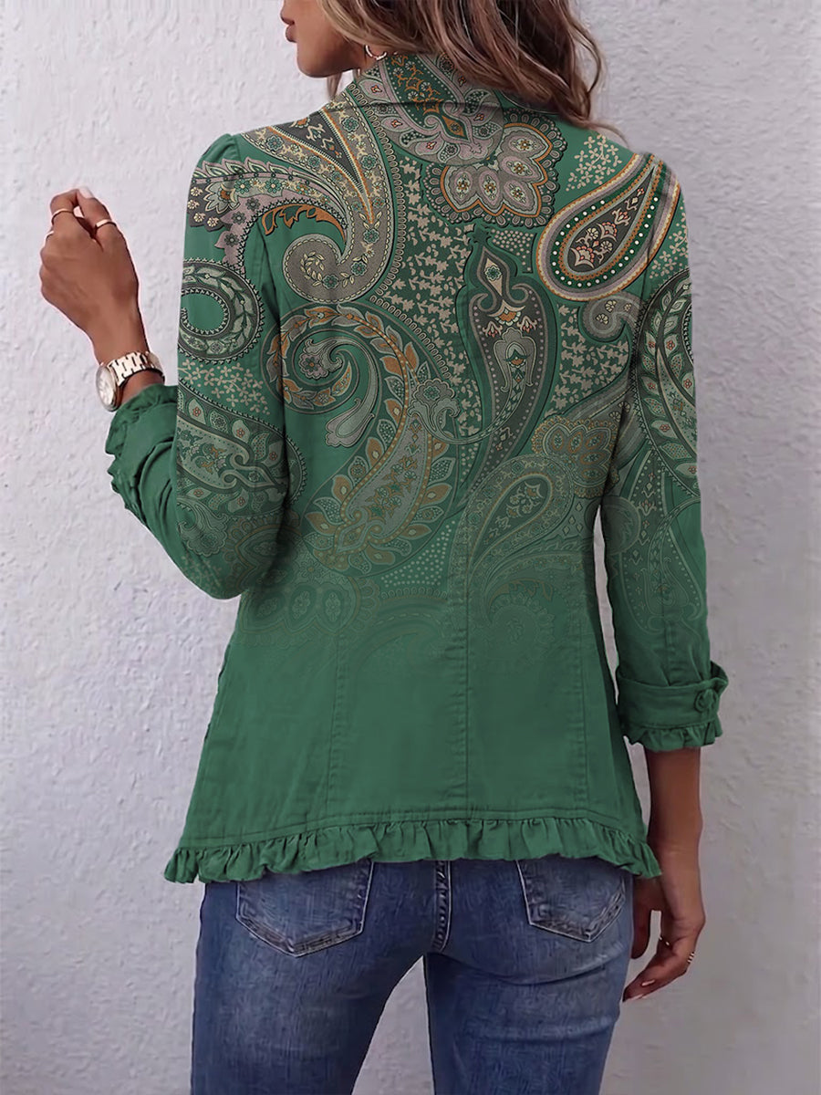 Chaqueta bohemia paisley verde con volantes – Costanza