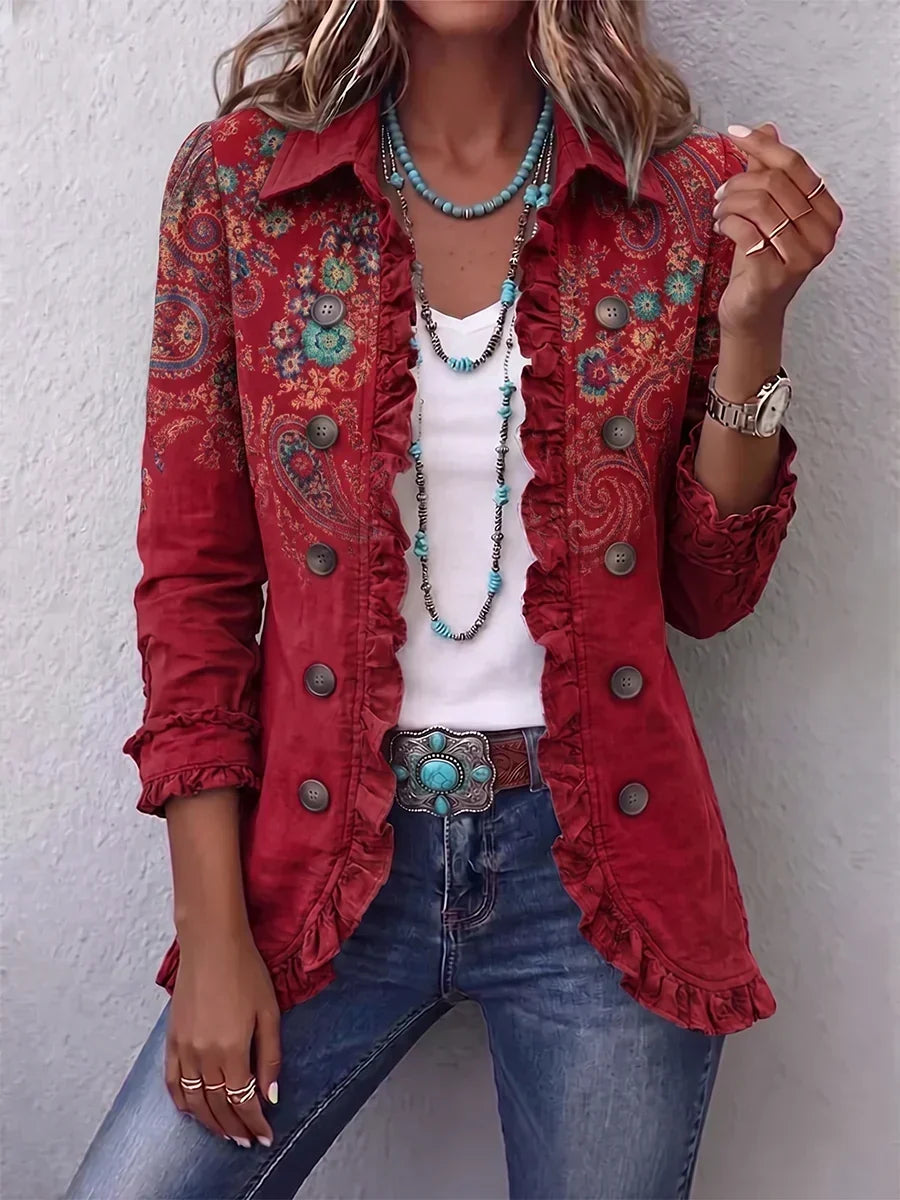Chaqueta bohemia paisley roja con volantes – Carlotta