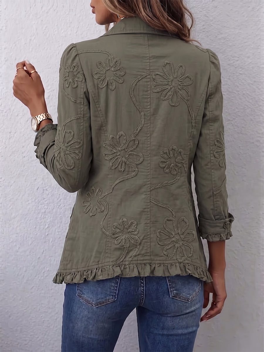 Chaqueta bordada de flores verde con volantes – Alessandra