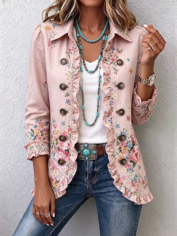 Martina | Chaqueta Floral Rosa con Volantes y Botones