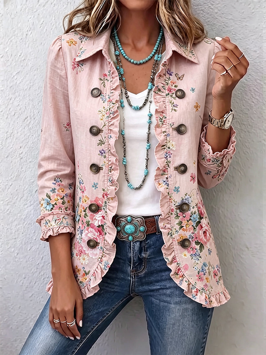 Chaqueta floral rosa con volantes y botones – Martina