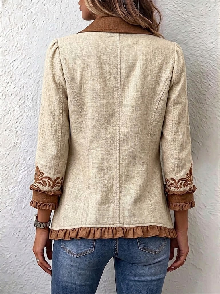 Chaqueta floral camel y marrón con volantes – Ottavia