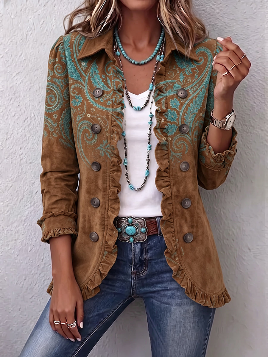 Chaqueta paisley marrón con volantes – Severina