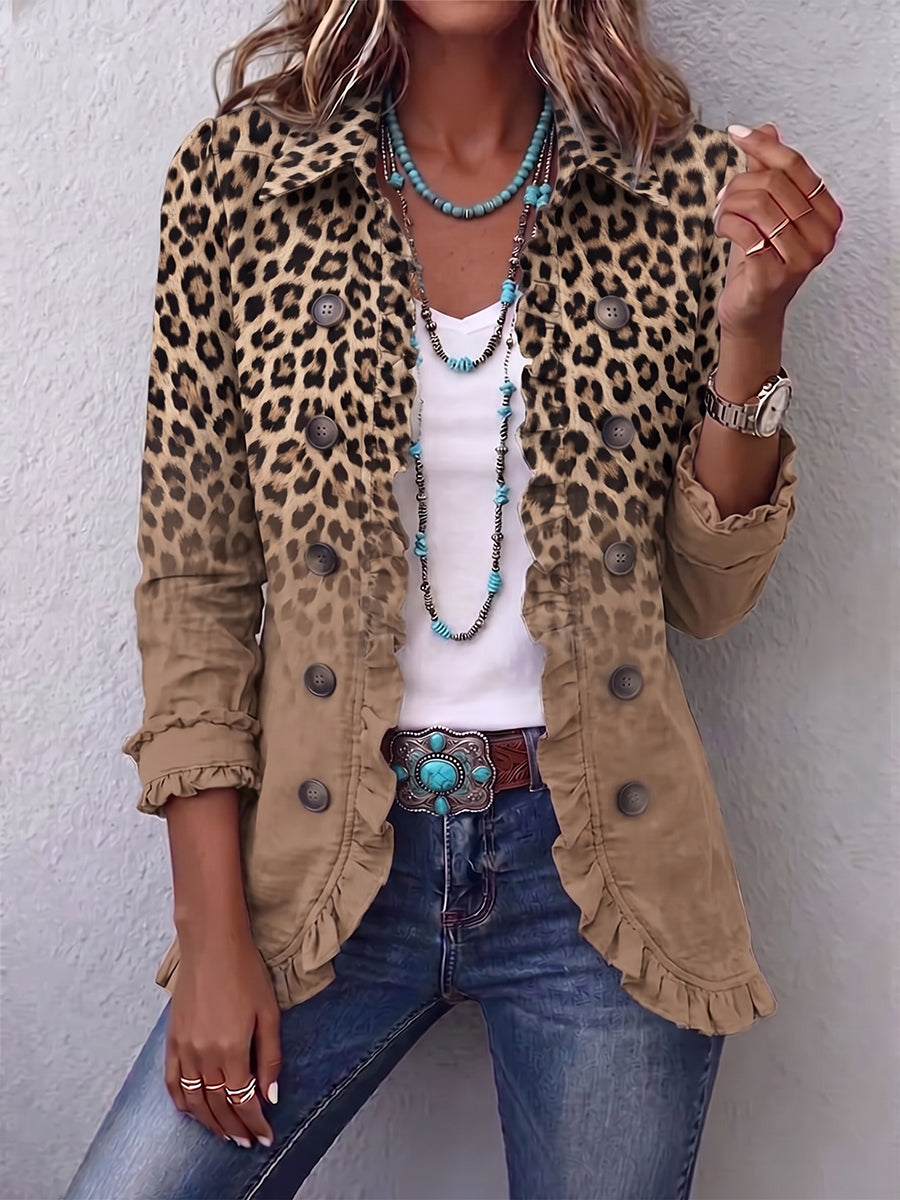 Chaqueta de leopardo camel con volantes – Corinna
