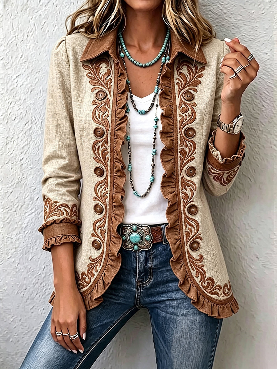 Chaqueta floral camel y marrón con volantes – Ottavia, foto 2