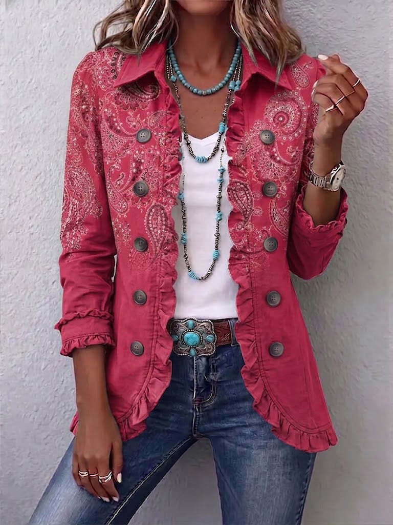 Chaqueta paisley rosa palo con volantes – Isotta, foto 2