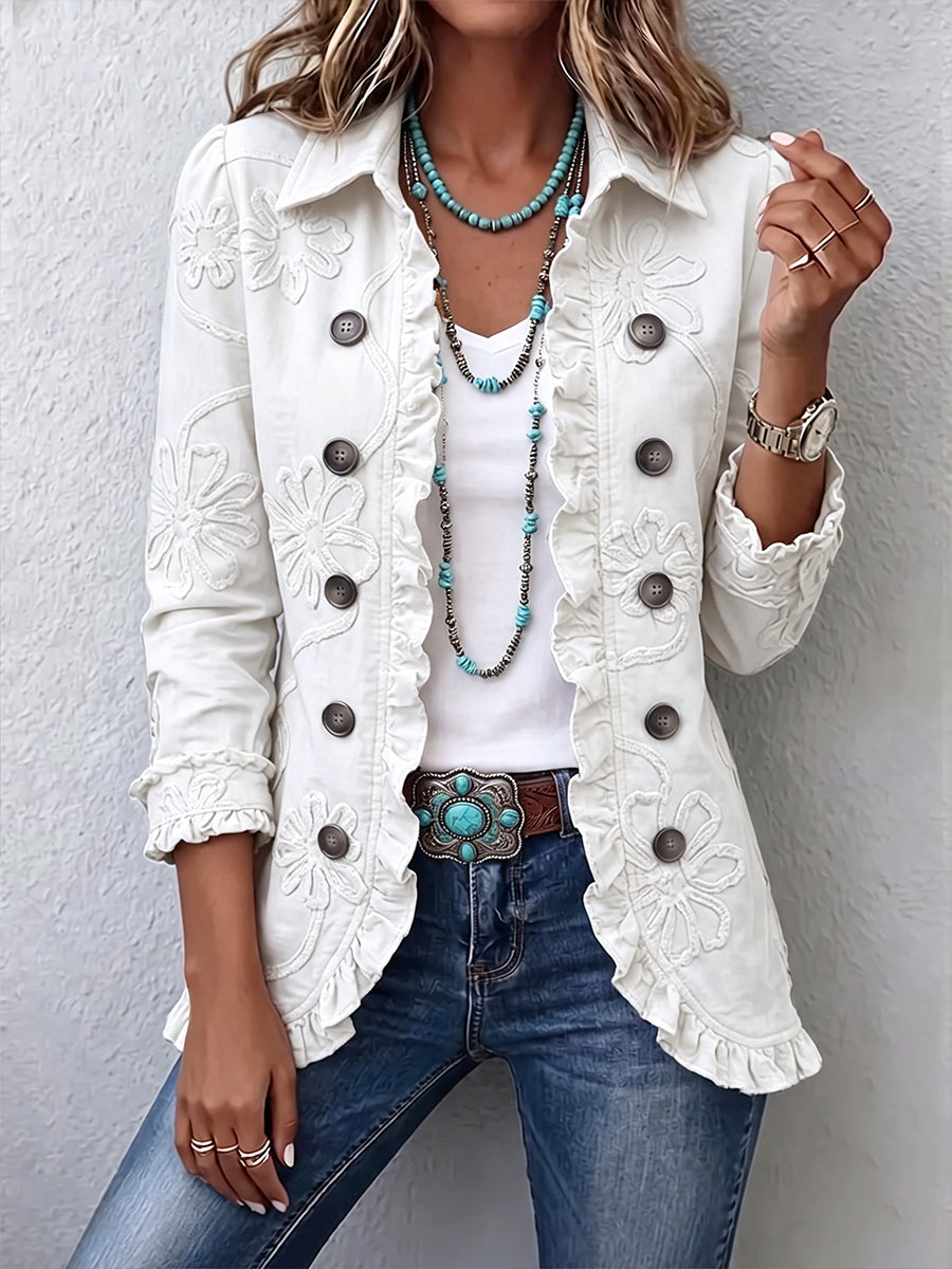 Chaqueta bohemia bordada de flores marfil – Camelia