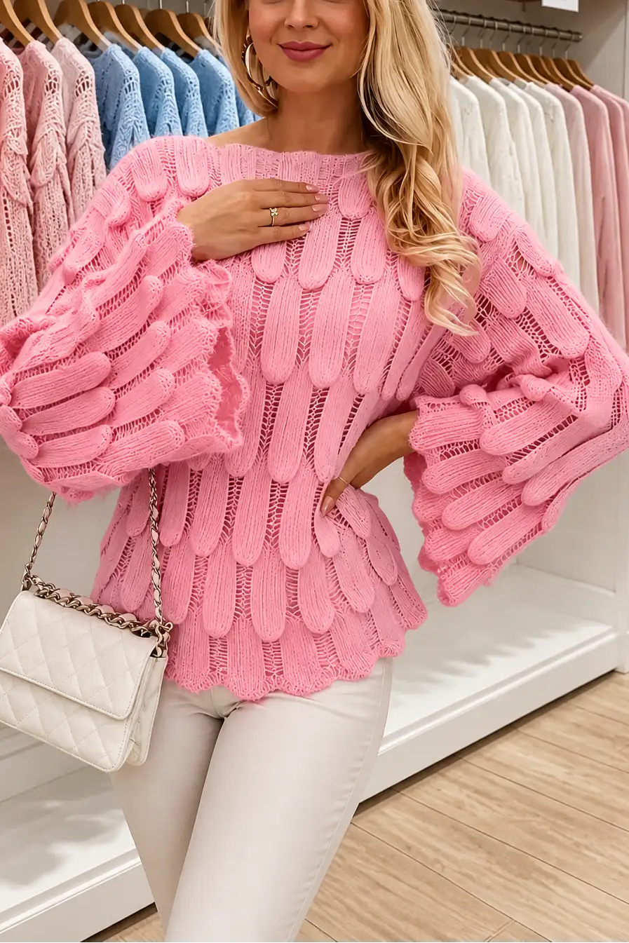 Jersey de punto calado con hojas y manga acampanada – Mónica, foto 2