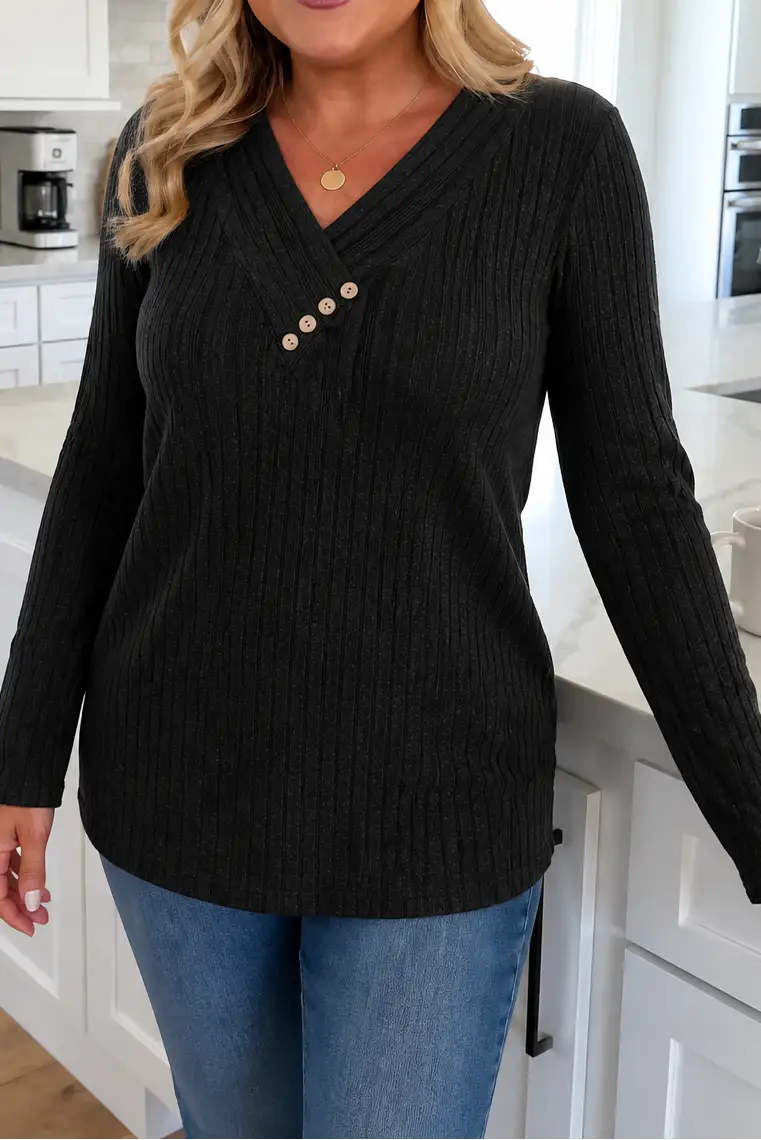 Jersey de canalé con cuello de pico y botones laterales – Carolina, foto 2