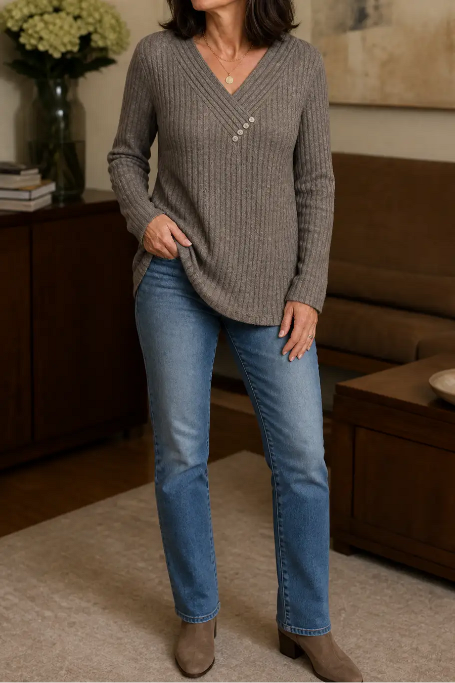 Carolina | Jersey de canalé con pico y botones